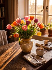 Obraz premium Tulips on Wooden Table with Sunlight