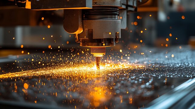 Close-up of a CNC laser cutting machine in action, producing sparks and molten metal.
