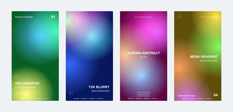Holographic mesh gradient background set, aurora abstract blurry textures for mobile screens, Y2K aesthetic colorful vertical banners, vibrant soft focus fluid gradient vector collection