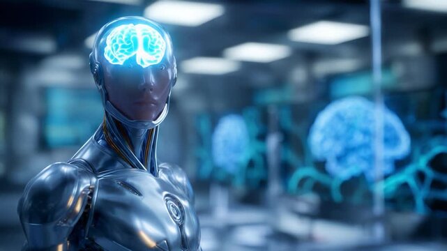A futuristic robot with a glowing brain interface symbolizes the merging of artificial intelligence and human cognition in a high-tech laboratory environment.