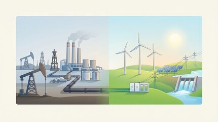 Naklejka premium Contrasting fossil fuel and renewable power systems, illustrating the transition from traditional energy sources like oil and coal to sustainable green alternatives