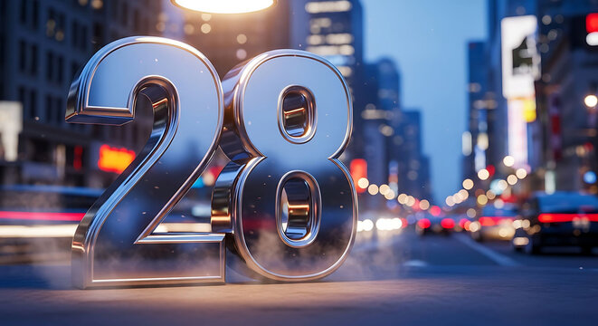 3D metallic 2028 number on futuristic city street at dusk with motion blur