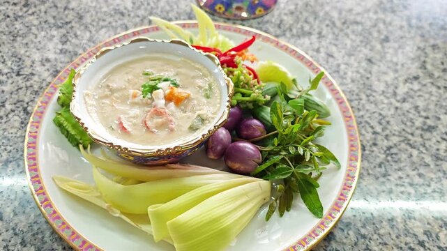 Authentic Thai Crab Dip with Coconut Milk (Lon Poo), served with a variety of fresh and carved vegetables.
