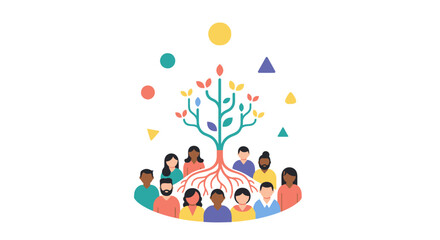 Fototapeta premium Diverse Community Tree Illustration: United People with Connecting Roots Symbolizing Growth, Inclusion, and Strong Social Bonds
