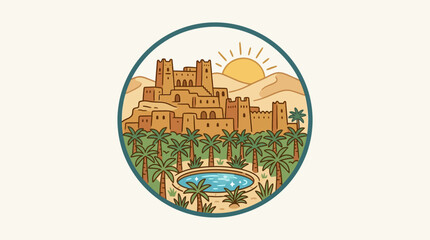 Naklejka premium Desert Oasis Landscape within a Circle
