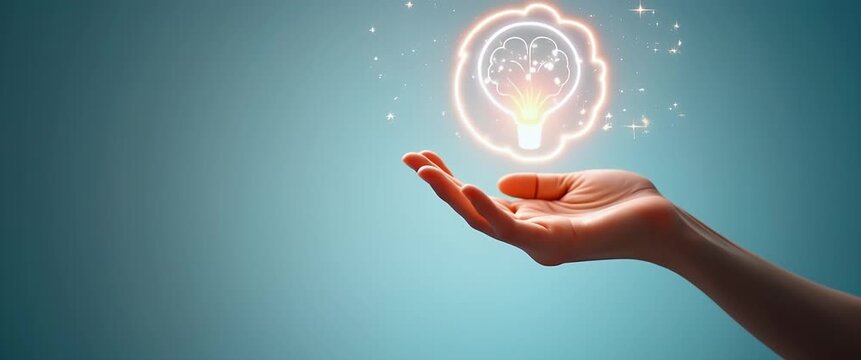 Hand gently raises glowing lightbulb icon in a minimalist, cinematic scene; camera slowly pans, ambient sparkles shimmer, symbolizing innovation and creativity in technology.