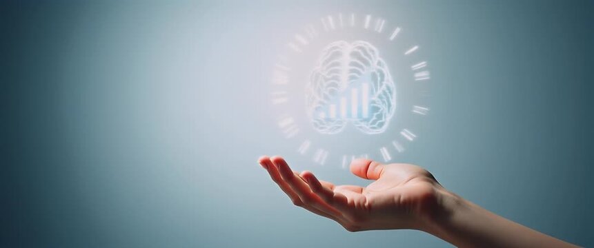 Hand presenting holographic goals symbol representing growth mindset development goals in empty space background concept as A hand showcases holographic goals symbol illustrating growth mindset develo