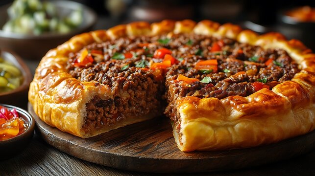 Delicious Minced Beef  Pepper Savory Pie with Golden Crust, and Rustic Presentation.