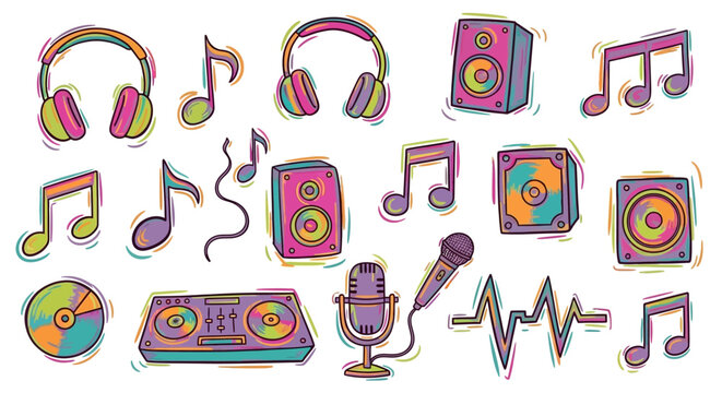 Colorful Hand-Drawn Music Elements Collection - Headphones, Speakers, Microphones, and Musical Notes.
