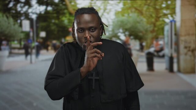 Young man priest wearing clerical collar and cross necklace, finger to lips for silence while standing on a street lined with trees; contemplation.