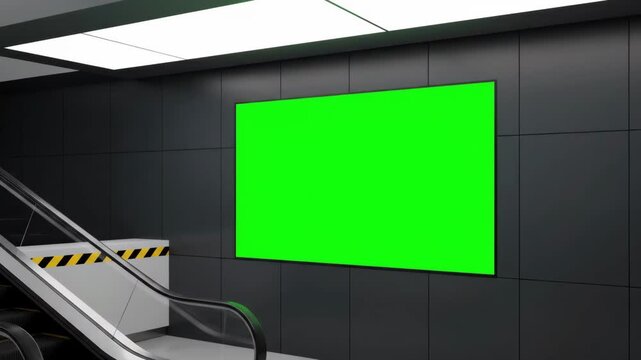 Large Green Screen Billboard Mockup in Modern Subway Station with Escalator for Advertising