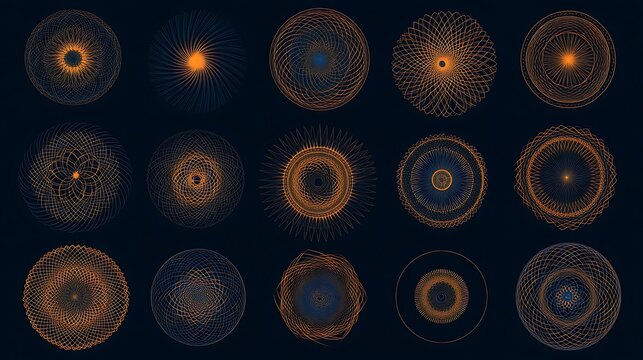 Collection of 12 abstract oval shaped artistic patterns with orange and blue hues on a dark background