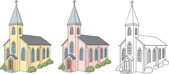 Fototapeta premium Set of Colorful Church Illustrations in Various Styles for Religious, Architecture, and Historic Building Designs