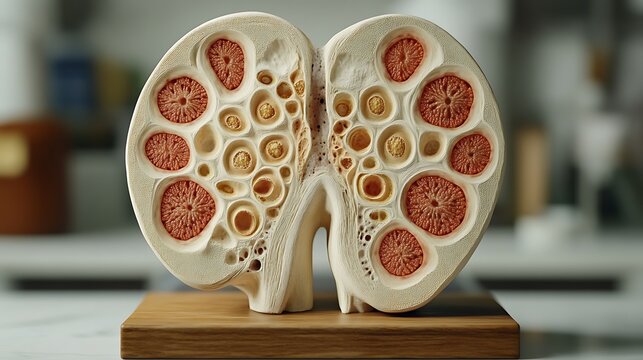 Detailed Anatomical Model of a Human Kidney Showing Internal Structures.