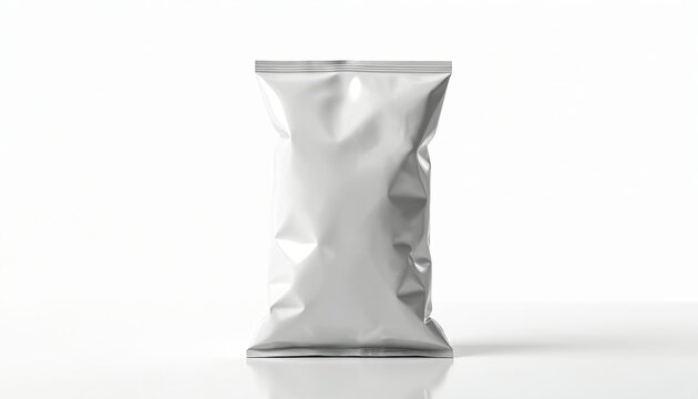 Plain silver bag for snacks stands on reflective surface. Unbranded package likely contains potato chips or similar salty treat. Empty wrapper ready for filling, good for ads.