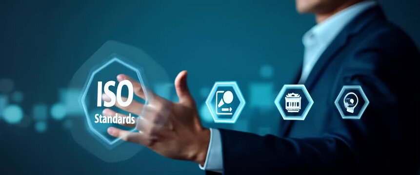 Business professional confidently pushes virtual ISO button, triggering gentle ambient light flicker; steady camera tracking highlights technological innovation in a cinematic style.