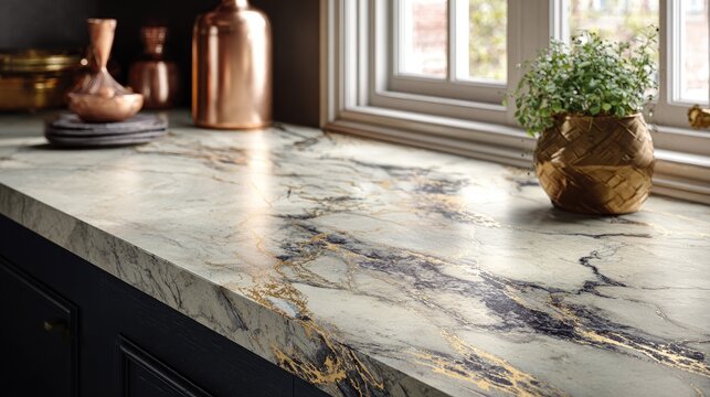 Elegant kitchen counter surface features striking natural stone veining with metallic accents