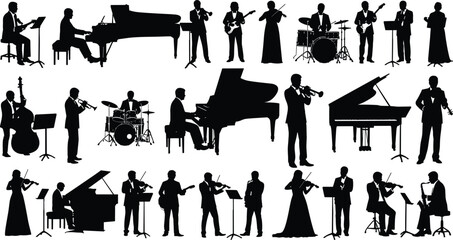 Musician silhouette orchestra band instruments performance piano violin guitar jazz black vector illustration set isolated classical music design © Md