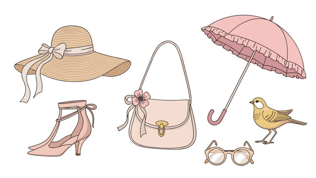 Charming collection of feminine fashion accessories including a straw hat, pink handbag, frilly umbrella, and glasses.