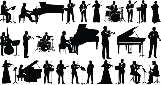 Musician silhouette orchestra band instruments performance piano violin guitar jazz black vector illustration set isolated classical music design