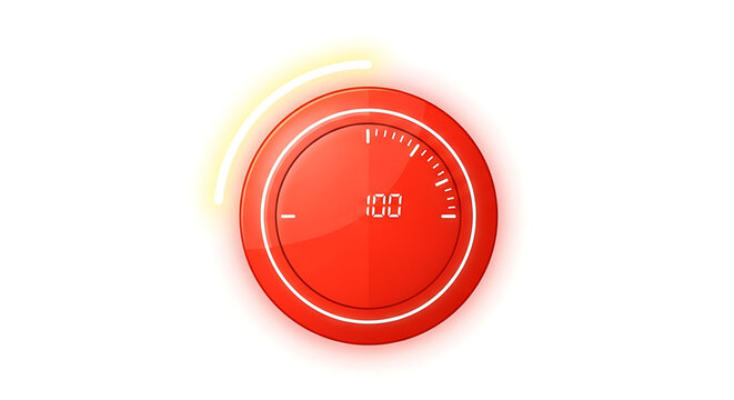 A modern red speedometer icon with a glowing effect, indicating maximum performance.