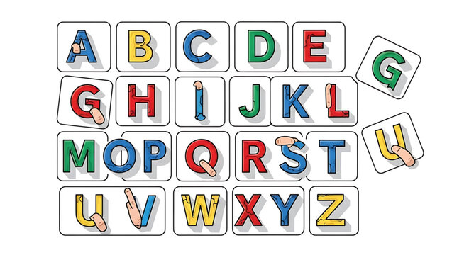 A colorful vector illustration of alphabet blocks with letters scattered on a white background