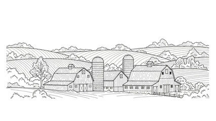 Fototapeta premium Hand drawn outline illustration of a rustic farm landscape with barns, silos, and fields.