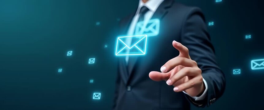 Business professional extends hand as digital email icons float around, with a slow camera pan capturing the dynamic digital communication scene in a sleek, cinematic style.