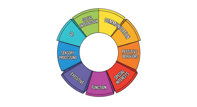 A colorful vector graphic illustrating the different aspects of autism spectrum disorder, including communication, social interaction, and sensory processing.