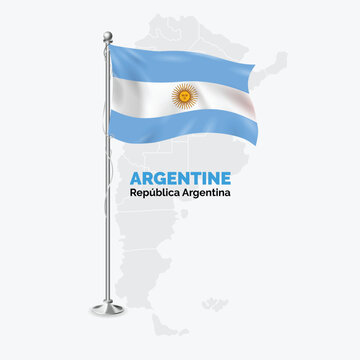 Waving flag of Argentine on flagpole. Template for independence day poster design, Republica Argentina Flag