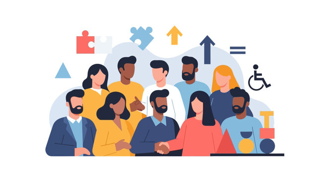 Workplace Diversity, Equity & Inclusion: Collaborative Team for Business Growth & Equal Opportunity with DEI Symbols