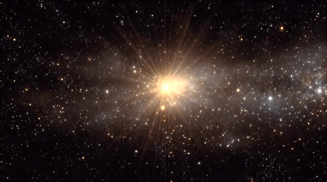 A dazzling celestial scene depicts a brilliant, radiating star as the focal point, with countless scattered specks of light