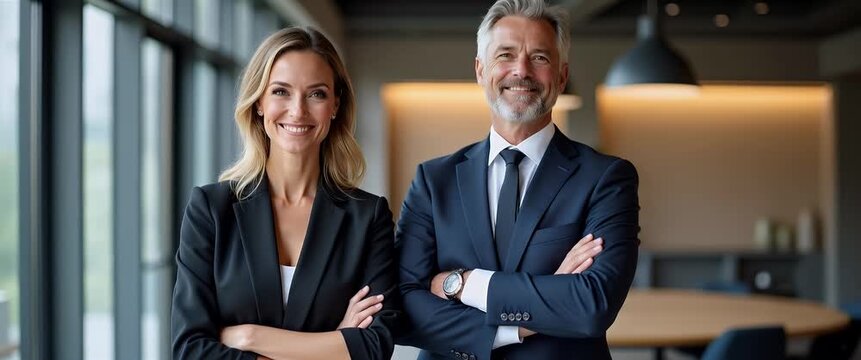 Professional executives confidently stand with arms crossed in a modern office, as the camera slowly pans, capturing the ambient light flicker and gentle plant sway in a cinematic style.