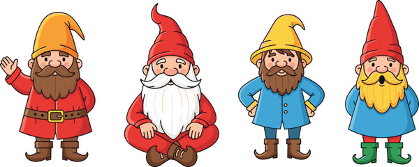 Obraz premium Set of Four Cartoon Gnomes in Colorful Outfits with Beards and Pointed Hats for Holiday, Fantasy, and Cute Character Designs