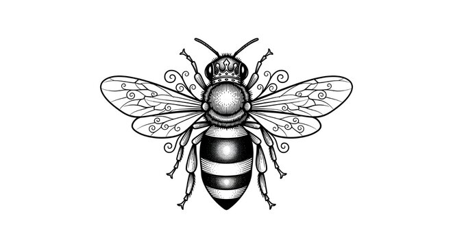 Vintage Queen Bee Engraving with Fine Linework and Decorative Swirls Black and White Vector Isolated