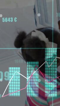 Vertical video: Teen holding phone, child leaning over tablet, charts rising, showing learning