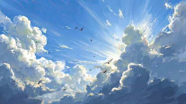 Brilliant sunbeams burst through massive cumulus clouds high in the blue atmosphere where birds soar.