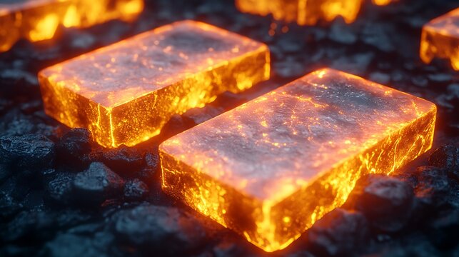 Glowing Hot Molten Gold Bars on Charcoal with Luxury Concept.