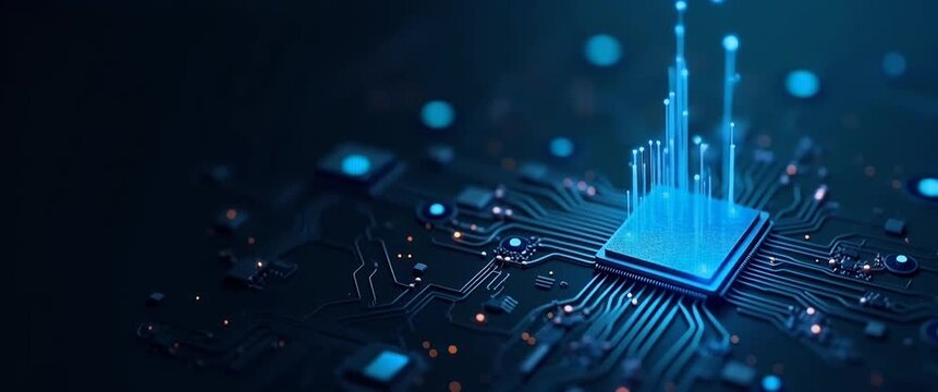 Futuristic microchip emits glowing data streams, with camera slowly panning over intricate circuit board, creating a captivating technological landscape in cinematic style.