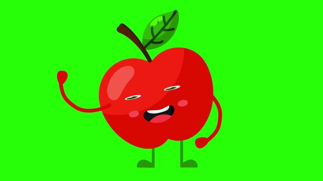 A Cheerful Animated Red Cherry Mascot Waves Hello 4k stock animation video on a green screen background for chroma key background for video editing.