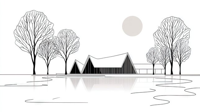 Minimalist black and white architectural sketch depicts angular building with surrounding leafless trees reflected on water surface