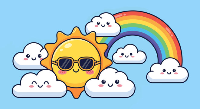 Smiling cartoon sun with sunglasses and clouds.