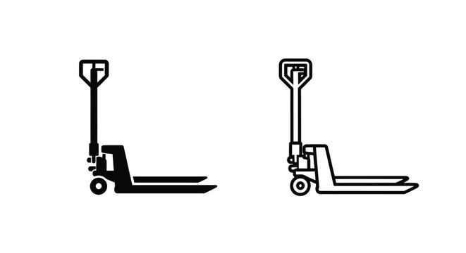 Two black and white line drawings of pallet jacks are displayed