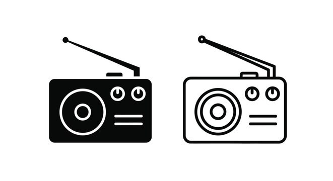 Two black and white illustrations of vintage portable transistor radios