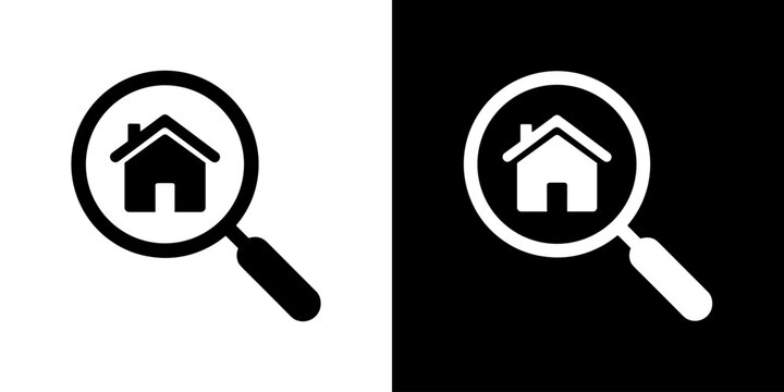 Real estate search icon with house in magnifying glass, property finder symbol, home search app concept, minimalist black and white vector illustration