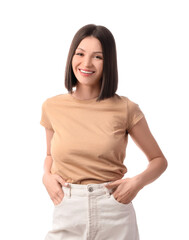 Obraz premium Beautiful young woman with short brown hair on white background
