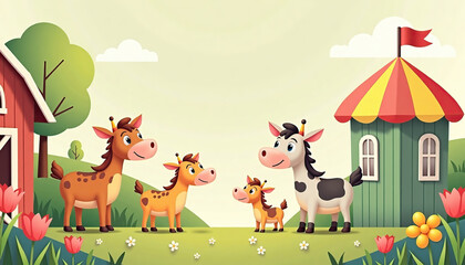 Obraz premium Cartoon farm animals, cheerful atmosphere, interacting in a colorful rural setting, copy space