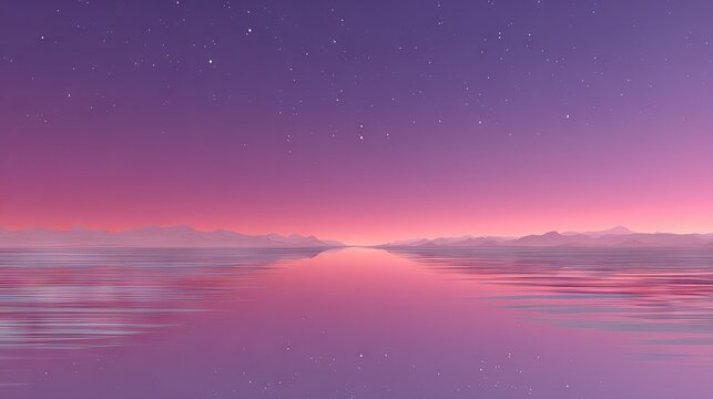 Serene twilight landscape displays gradient colors above placid water reflecting distant mountains.