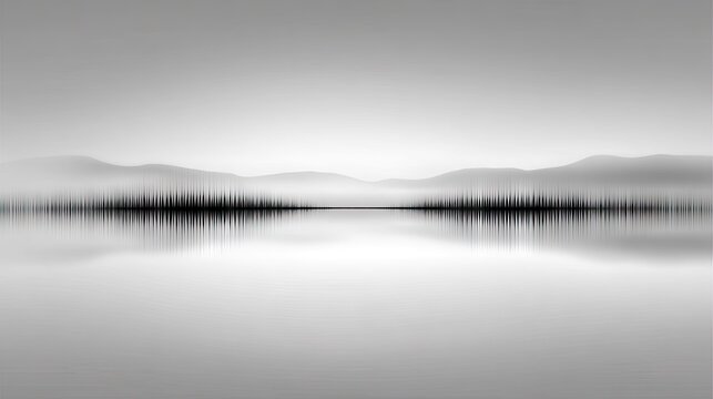 Abstract sound wave visualization subtly overlays a serene, misty mountain and water landscape