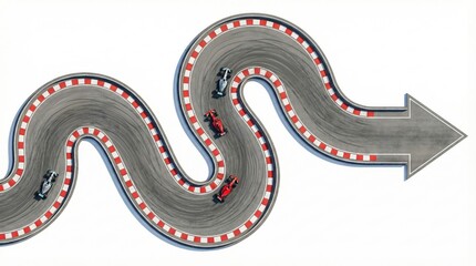 Obraz premium Formula racing cars driving along curved asphalt track leading into arrow direction. Concept of competition racing, overtaking strategy, speed dynamics, directional movement, motorsport action.